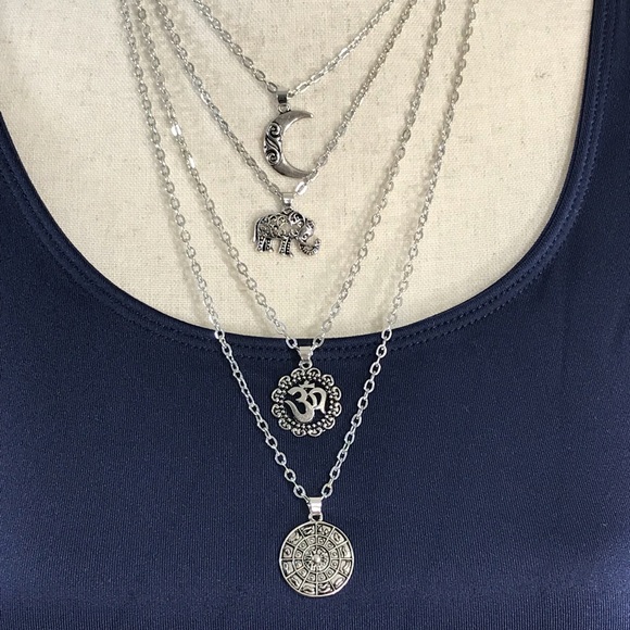 Silver Elephant & Moon Layered Long Necklace - Picture 2 of 5